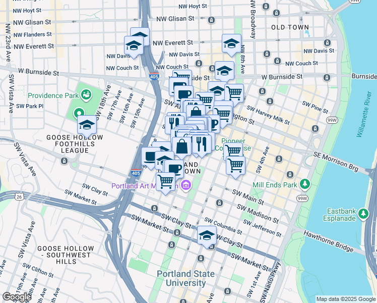 map of restaurants, bars, coffee shops, grocery stores, and more near in Portland