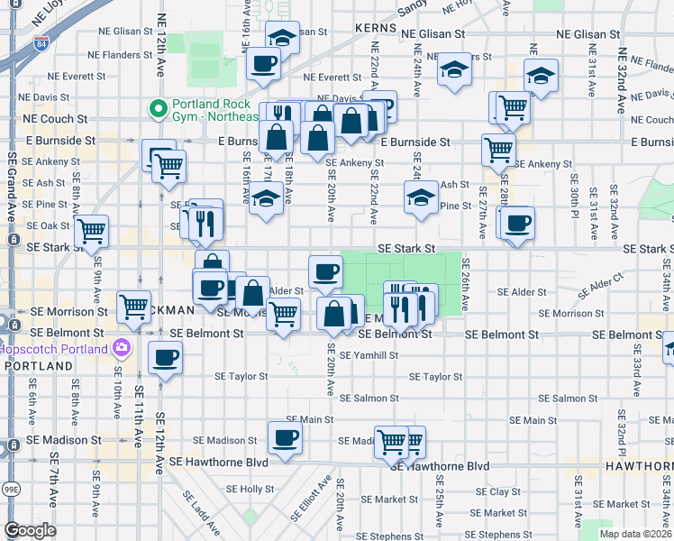 map of restaurants, bars, coffee shops, grocery stores, and more near 548 Southeast 20th Avenue in Portland