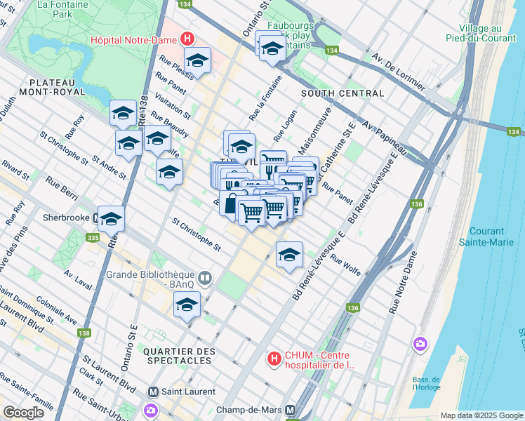 map of restaurants, bars, coffee shops, grocery stores, and more near Rue Wolfe in Montreal