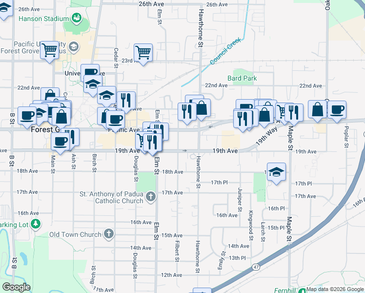 map of restaurants, bars, coffee shops, grocery stores, and more near 1927 Filbert Street in Forest Grove