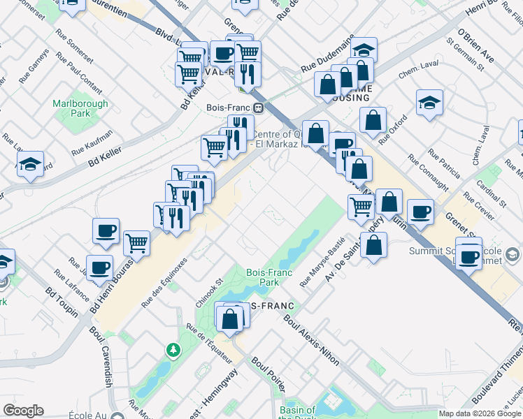 map of restaurants, bars, coffee shops, grocery stores, and more near 2305 Rue William-Longhurst in Montréal