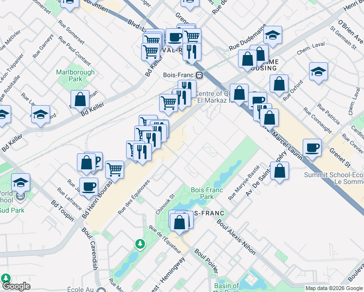 map of restaurants, bars, coffee shops, grocery stores, and more near 2307 Rue Wilfrid-Reid in Montréal