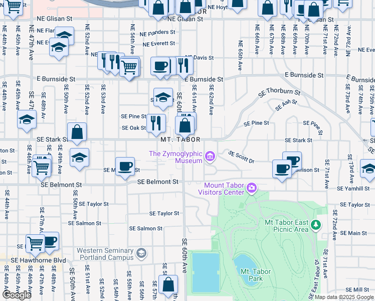map of restaurants, bars, coffee shops, grocery stores, and more near 504-510 Southeast 61st Avenue in Portland