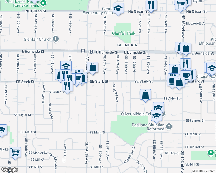 map of restaurants, bars, coffee shops, grocery stores, and more near 546 Southeast 151st Avenue in Portland