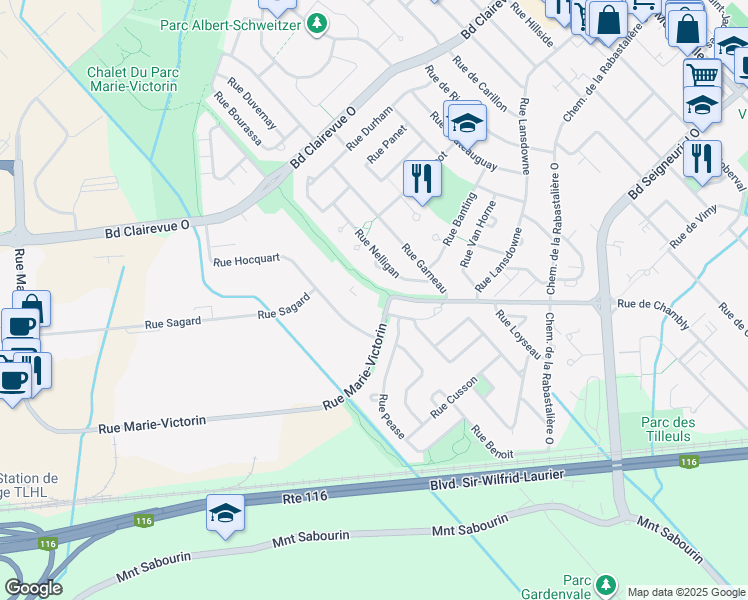 map of restaurants, bars, coffee shops, grocery stores, and more near in St-Bruno-de-Montarville