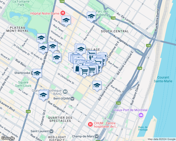 map of restaurants, bars, coffee shops, grocery stores, and more near Rue Wolfe in Montréal