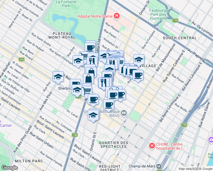 map of restaurants, bars, coffee shops, grocery stores, and more near 2017 Rue Saint-Christophe in Montréal