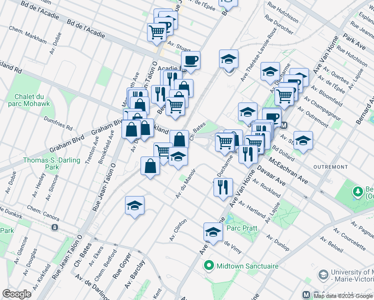 map of restaurants, bars, coffee shops, grocery stores, and more near 20 Chemin Bates in Montréal
