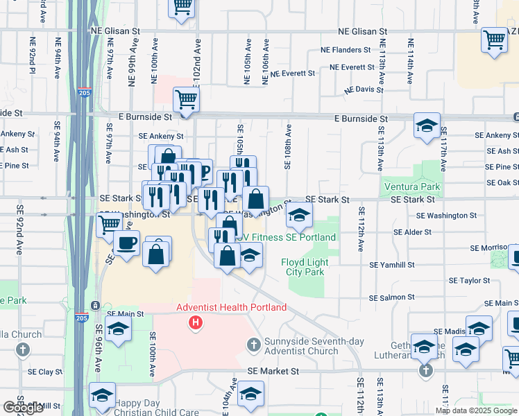 map of restaurants, bars, coffee shops, grocery stores, and more near 10524 Southeast Stark Street in Portland