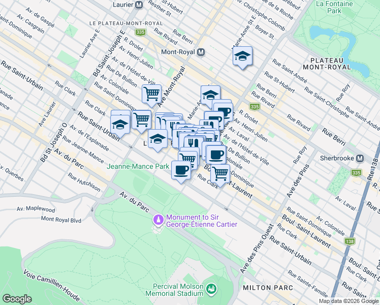 map of restaurants, bars, coffee shops, grocery stores, and more near 4253 Boulevard Saint-Laurent in Montrã©Al