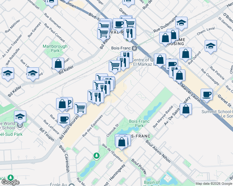 map of restaurants, bars, coffee shops, grocery stores, and more near 2355 Rue Wilfrid-Reid in Montréal