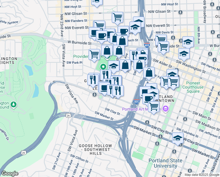 map of restaurants, bars, coffee shops, grocery stores, and more near 1717 Southwest Madison Street in Portland
