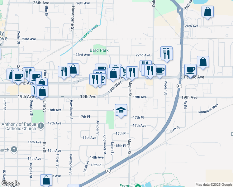 map of restaurants, bars, coffee shops, grocery stores, and more near 3045 19th Avenue in Forest Grove