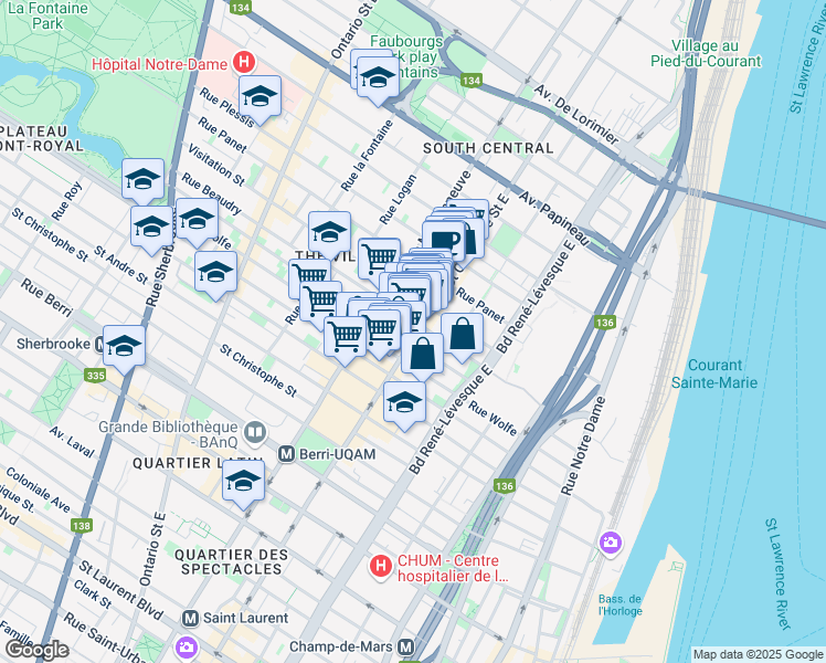 map of restaurants, bars, coffee shops, grocery stores, and more near 1213 Saint Catherine Street East in Montreal