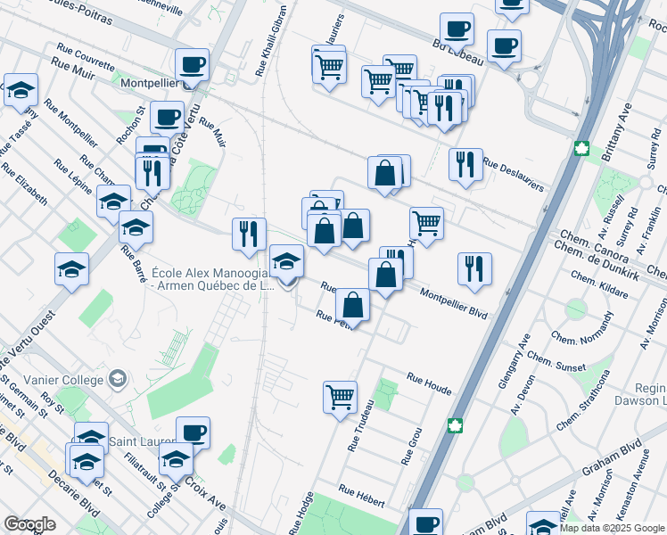 map of restaurants, bars, coffee shops, grocery stores, and more near in Montreal
