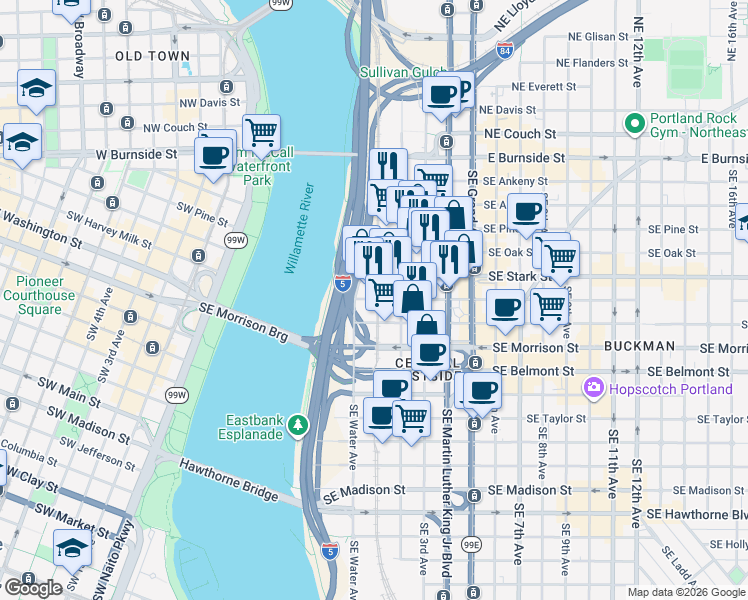 map of restaurants, bars, coffee shops, grocery stores, and more near 100 Southeast Washington Street in Portland