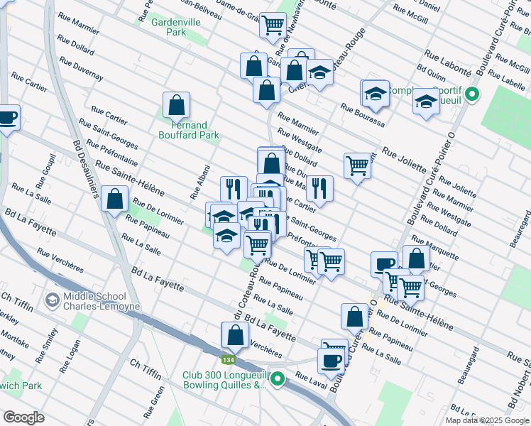 map of restaurants, bars, coffee shops, grocery stores, and more near in Longueuil