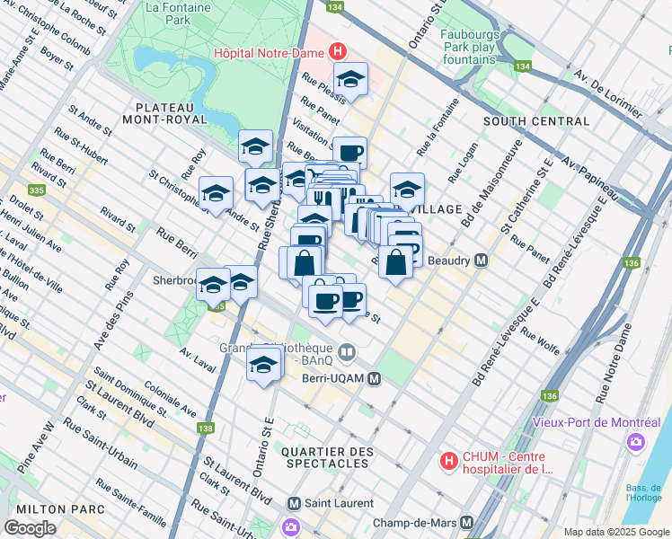 map of restaurants, bars, coffee shops, grocery stores, and more near 1833 Rue Saint-André in Montréal