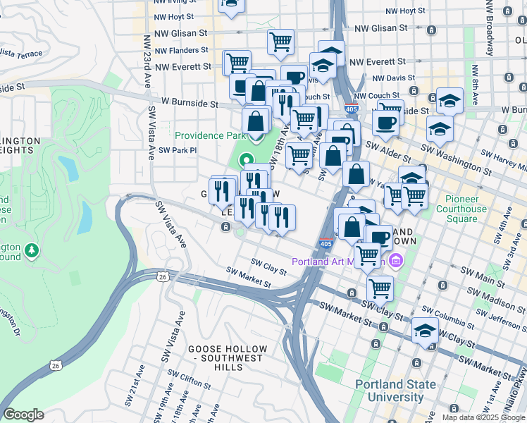 map of restaurants, bars, coffee shops, grocery stores, and more near 1717 Southwest Madison Street in Portland