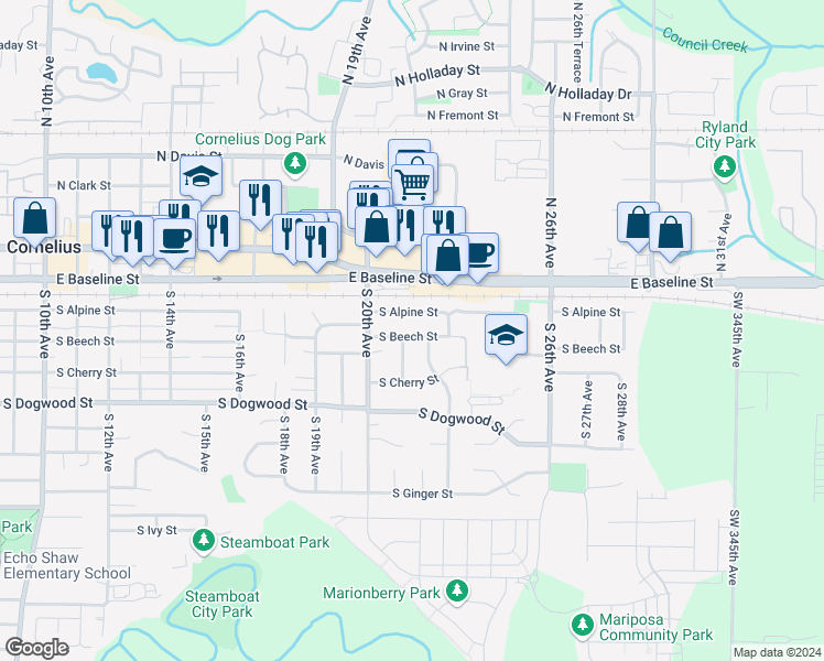 map of restaurants, bars, coffee shops, grocery stores, and more near 2130 South Beech Street in Cornelius