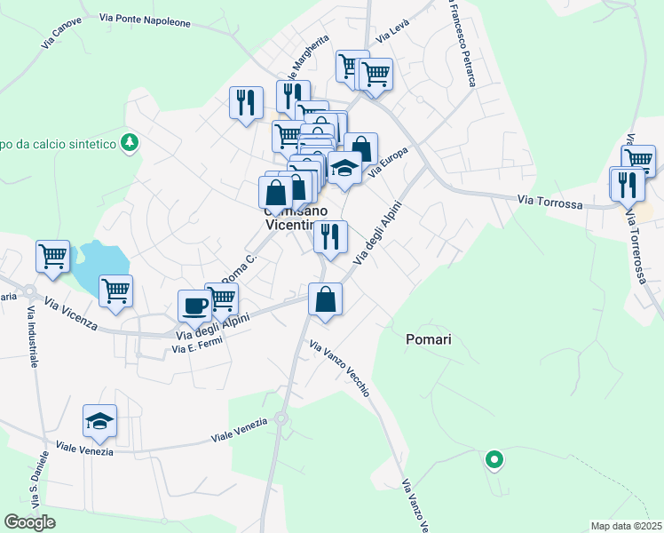 map of restaurants, bars, coffee shops, grocery stores, and more near 18 Via G. Garibaldi in Camisano Vicentino