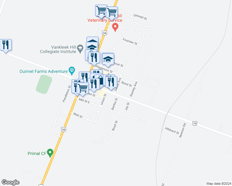 map of restaurants, bars, coffee shops, grocery stores, and more near 145 Main Street East in Champlain