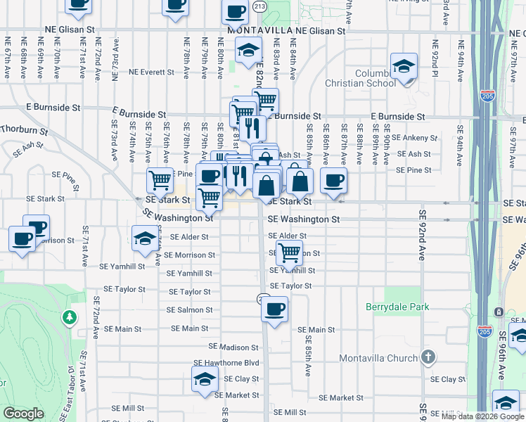 map of restaurants, bars, coffee shops, grocery stores, and more near 8250 Southeast Stark Street in Portland