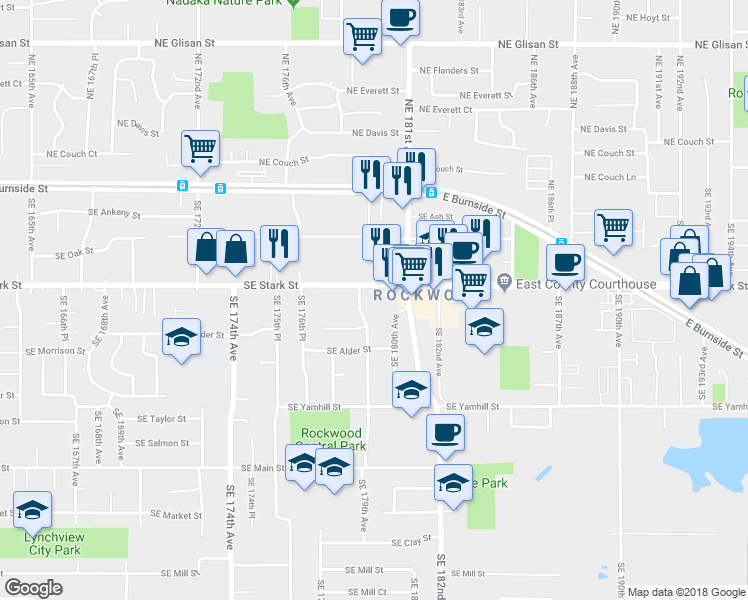 map of restaurants, bars, coffee shops, grocery stores, and more near 18000 Southeast Stark Street in Portland