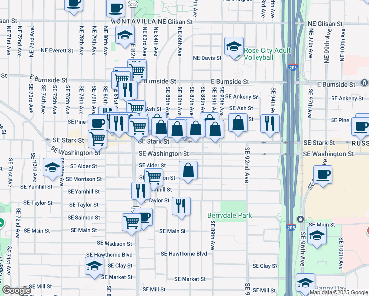 map of restaurants, bars, coffee shops, grocery stores, and more near 8648 Southeast Stark Street in Portland