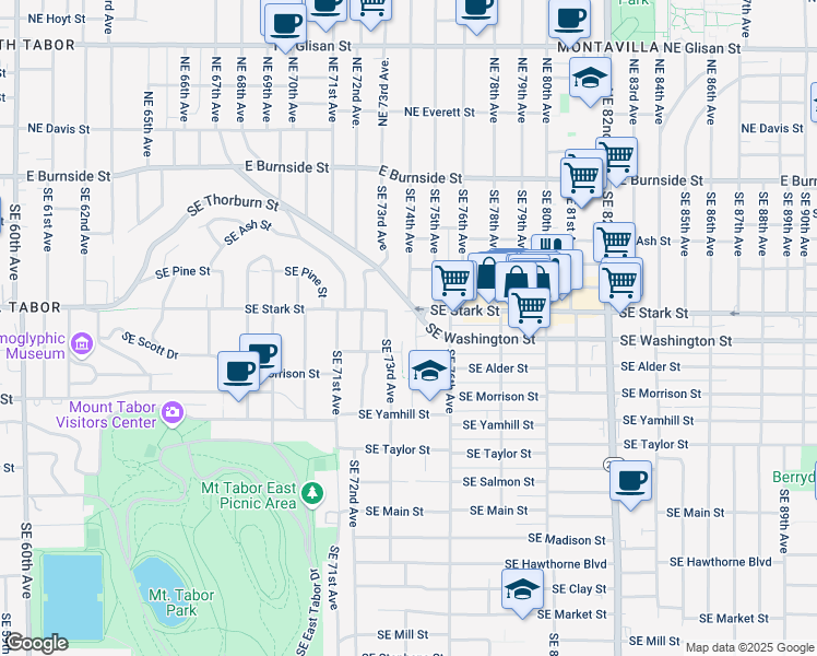 map of restaurants, bars, coffee shops, grocery stores, and more near 7310 Southeast Stark Street in Portland