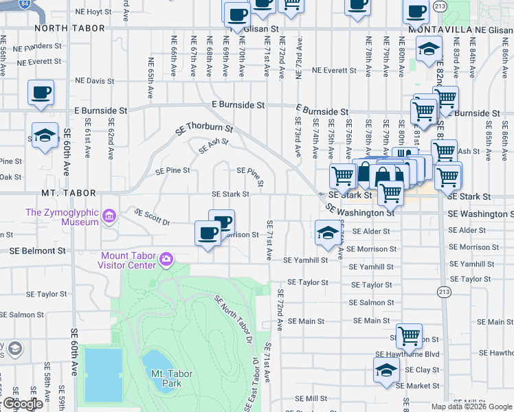 map of restaurants, bars, coffee shops, grocery stores, and more near 7032 Southeast Stark Street in Portland