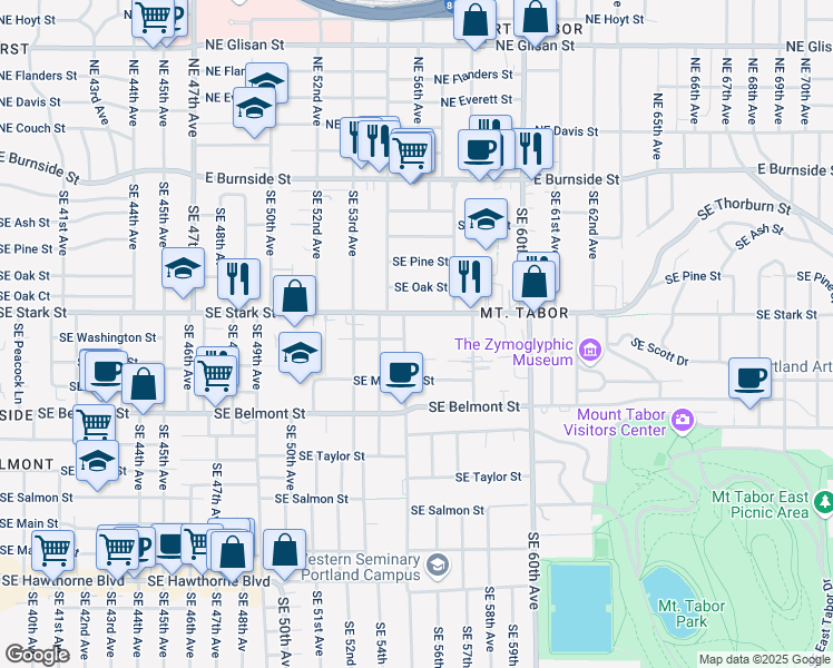 map of restaurants, bars, coffee shops, grocery stores, and more near 536 Southeast 55th Avenue in Portland