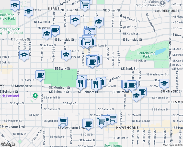 map of restaurants, bars, coffee shops, grocery stores, and more near 516 Southeast 28th Avenue in Portland