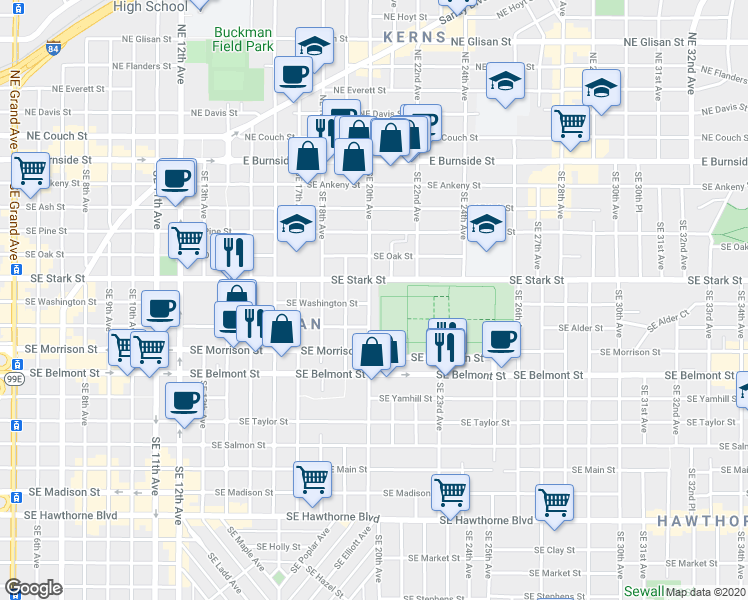map of restaurants, bars, coffee shops, grocery stores, and more near 519 Southeast 20th Avenue in Portland