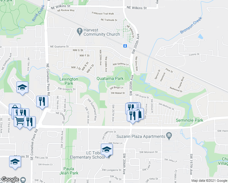 map of restaurants, bars, coffee shops, grocery stores, and more near 20760 Southwest Bingo Lane in Beaverton