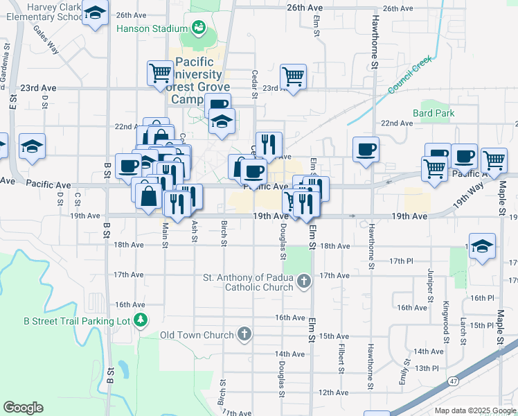 map of restaurants, bars, coffee shops, grocery stores, and more near in Forest Grove