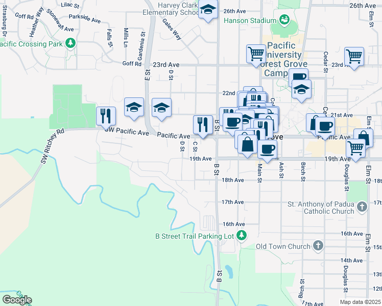 map of restaurants, bars, coffee shops, grocery stores, and more near 1919 D Street in Forest Grove