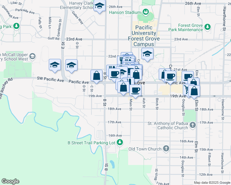 map of restaurants, bars, coffee shops, grocery stores, and more near 1924 A Street in Forest Grove