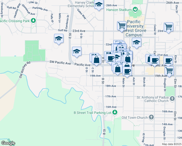 map of restaurants, bars, coffee shops, grocery stores, and more near 1919 D Street in Forest Grove