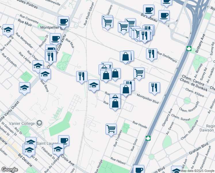 map of restaurants, bars, coffee shops, grocery stores, and more near in Montreal