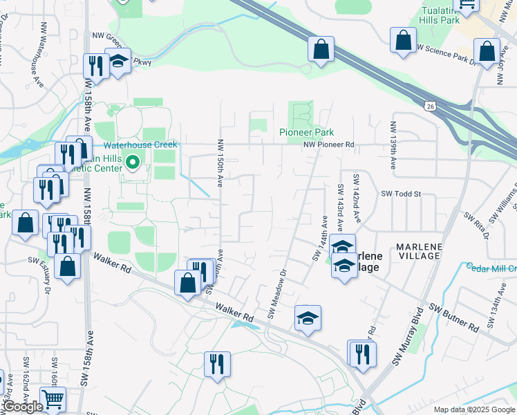 map of restaurants, bars, coffee shops, grocery stores, and more near 128 Southwest 148th Avenue in Beaverton