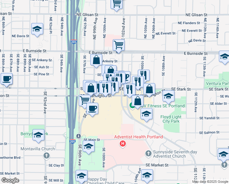map of restaurants, bars, coffee shops, grocery stores, and more near 10175 Southeast Stark Street in Portland