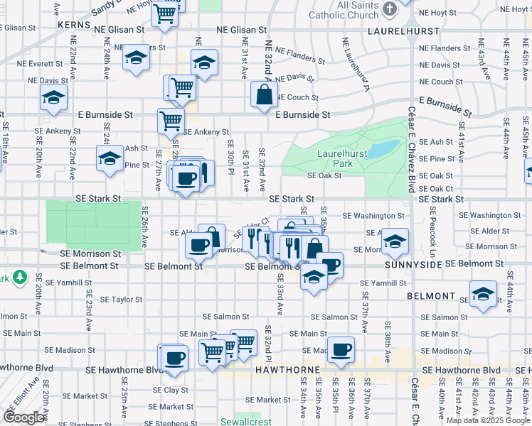 map of restaurants, bars, coffee shops, grocery stores, and more near 3215 Southeast Alder Court in Portland