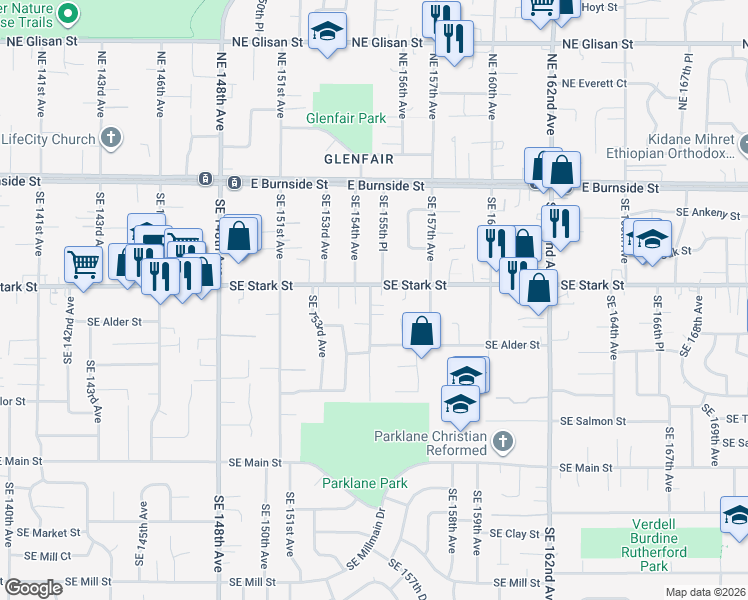 map of restaurants, bars, coffee shops, grocery stores, and more near 512 Southeast 155th Avenue in Portland