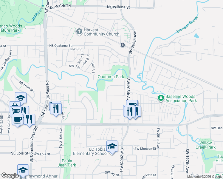 map of restaurants, bars, coffee shops, grocery stores, and more near 20760 Southwest Bingo Lane in Beaverton