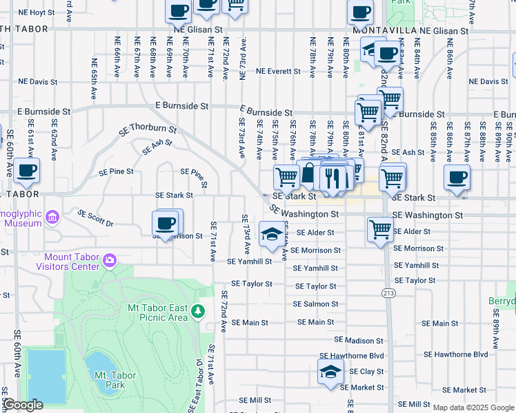 map of restaurants, bars, coffee shops, grocery stores, and more near 7310 Southeast Stark Street in Portland