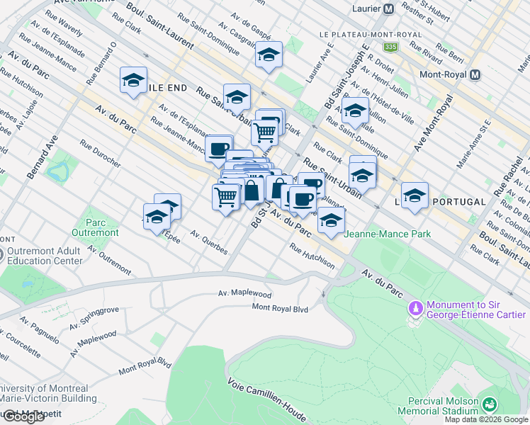 map of restaurants, bars, coffee shops, grocery stores, and more near 356 Boulevard Saint Joseph Ouest in Montréal