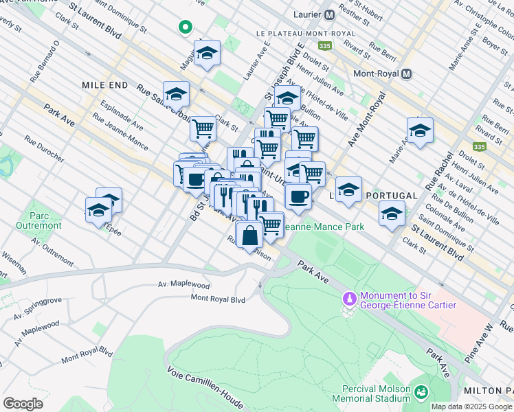 map of restaurants, bars, coffee shops, grocery stores, and more near 4699 Rue Jeanne-Mance in Montréal