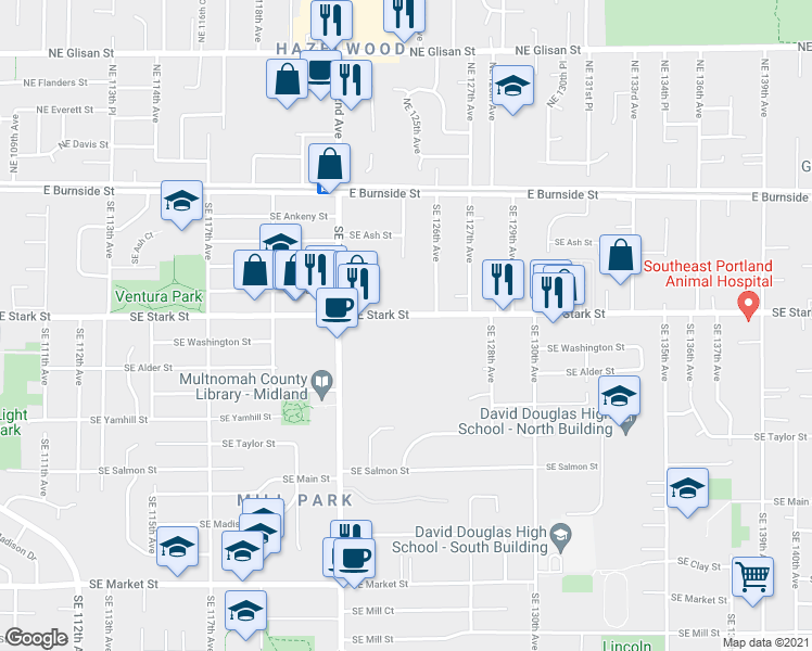 map of restaurants, bars, coffee shops, grocery stores, and more near 12436 Southeast Stark Street in Portland