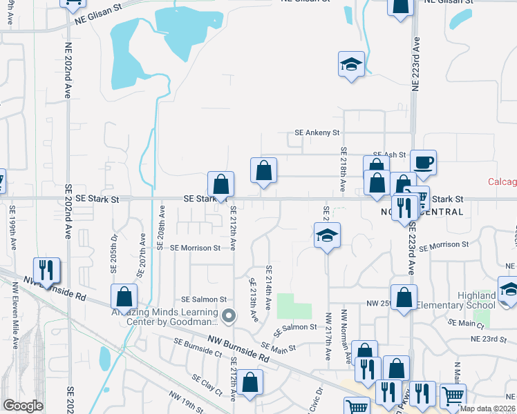 map of restaurants, bars, coffee shops, grocery stores, and more near 21400 Southeast Stark Street in Gresham